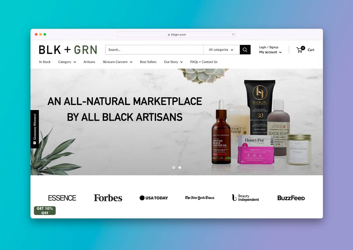 BLK + GRN Website: "Een volledig natuurlijke marktplaats door alle zwarte ambachtslieden"