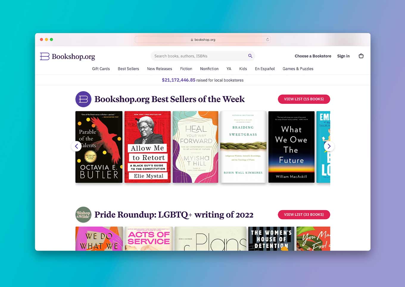 Bookshop.org Website: "Bestsellers van de Week" / "Pride Roundup LGBTQ + Schrijven van 2022"