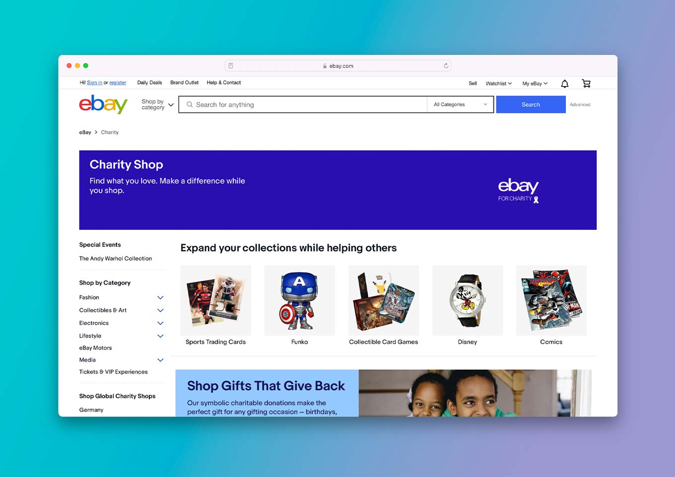 Website eBay voor een goed doel: "Charity Shop - Vind wat je leuk vindt. Maak het verschil terwijl u winkelt."
