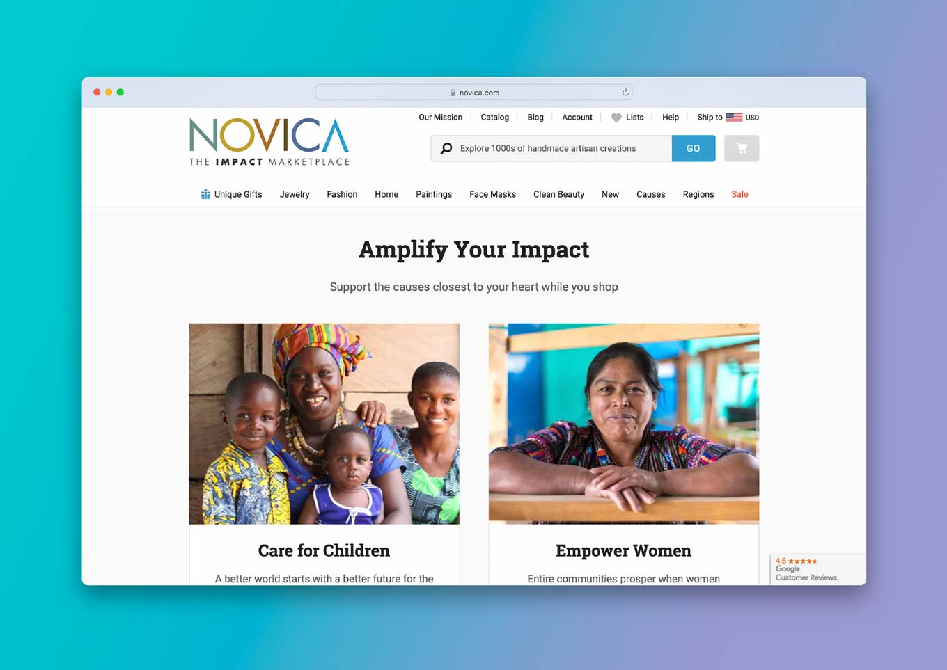 WEBSITE VAN NOVICA: "De impactmarktplaats" en "Versterk uw impact: ondersteun de doelen die het dichtst bij uw hart liggen terwijl u winkelt" 