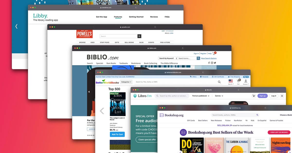 Verschillende browservensters van online boekhandels die niet Amazon.com