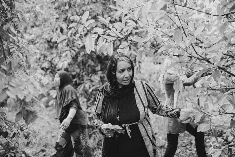 Zwart-wit foto van een vrouw midden in de natuur