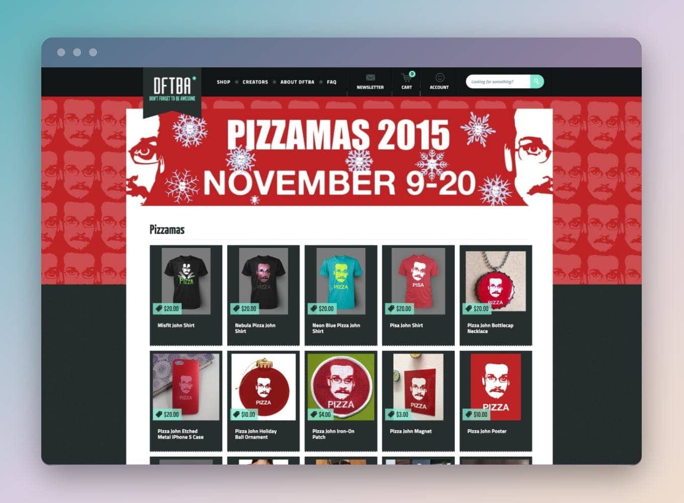 Screenshot van de 2015-versie van de website van DFTBA, met oude Pizzamas-merchandise